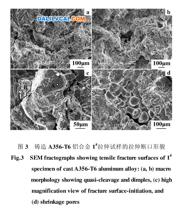 圖3 鑄造A356-T6鋁合金1#拉伸試樣的拉伸斷口形貌