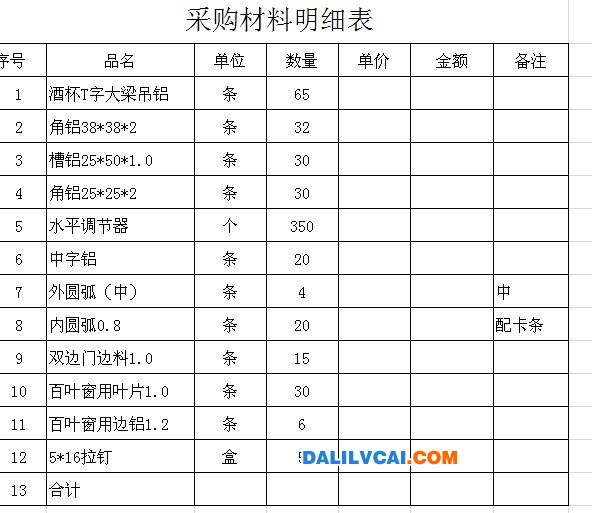 鋁型材采購清單