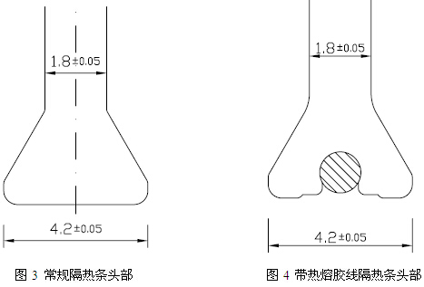 常規(guī)隔熱條頭部與帶熱熔膠線隔熱條頭部截面對(duì)比