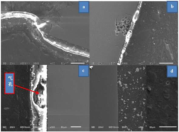 截面金相拋光態(tài)形貌（其中a，b為失效樣品熱鑲，c未使用樣熱鑲，d未使用樣冷鑲）